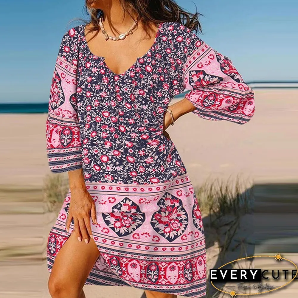 Fashion Women Retro Oversized V-Neck Casual Sundress Floral Printed Baggy Holiday Mini Shirt Dress