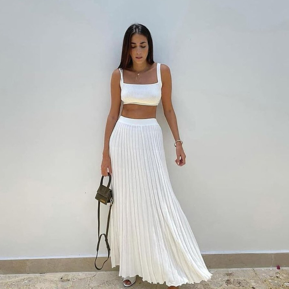 Ootddress New White Knit Two Piece Women Sets Fall Ribbed Tank Top And Pleated Knitted Skirt Suits For Women Long Dress Sets Summer