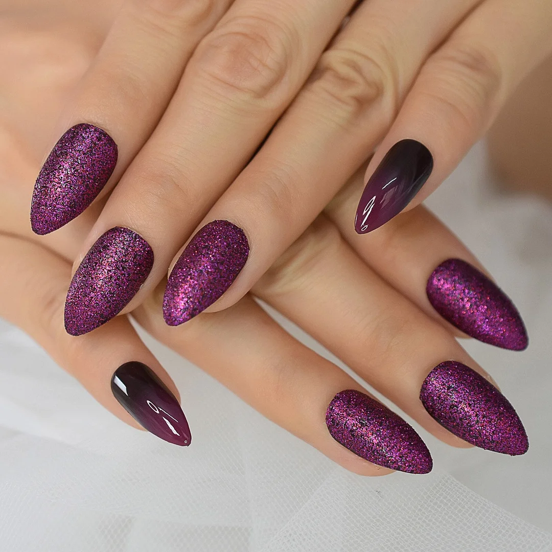 Holographic Glitter Nails Fake Short Stiletto False Nails Ling Pink Shimmer Nail Art Manicure Tips 24-Nail Inspo