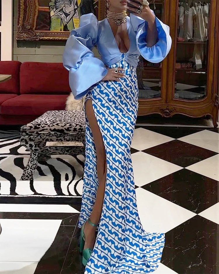 Women's V-neck slit print Dress
