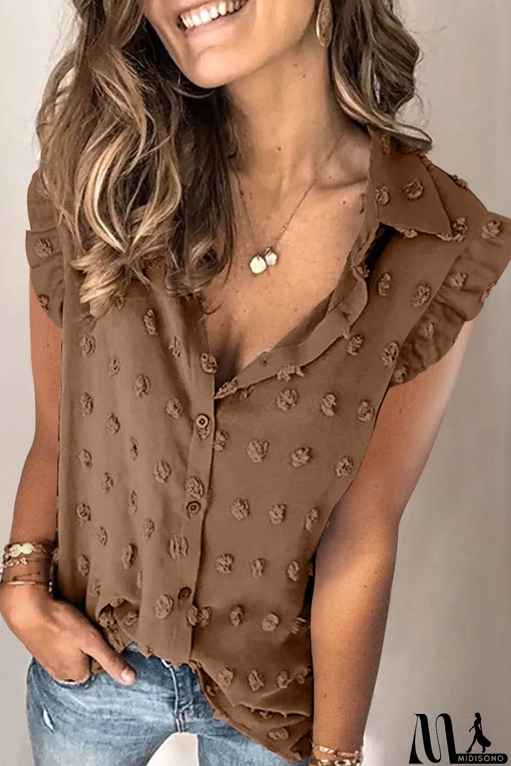 MidiSono - Turn-down Collar Ruffle Polka Dot Tank