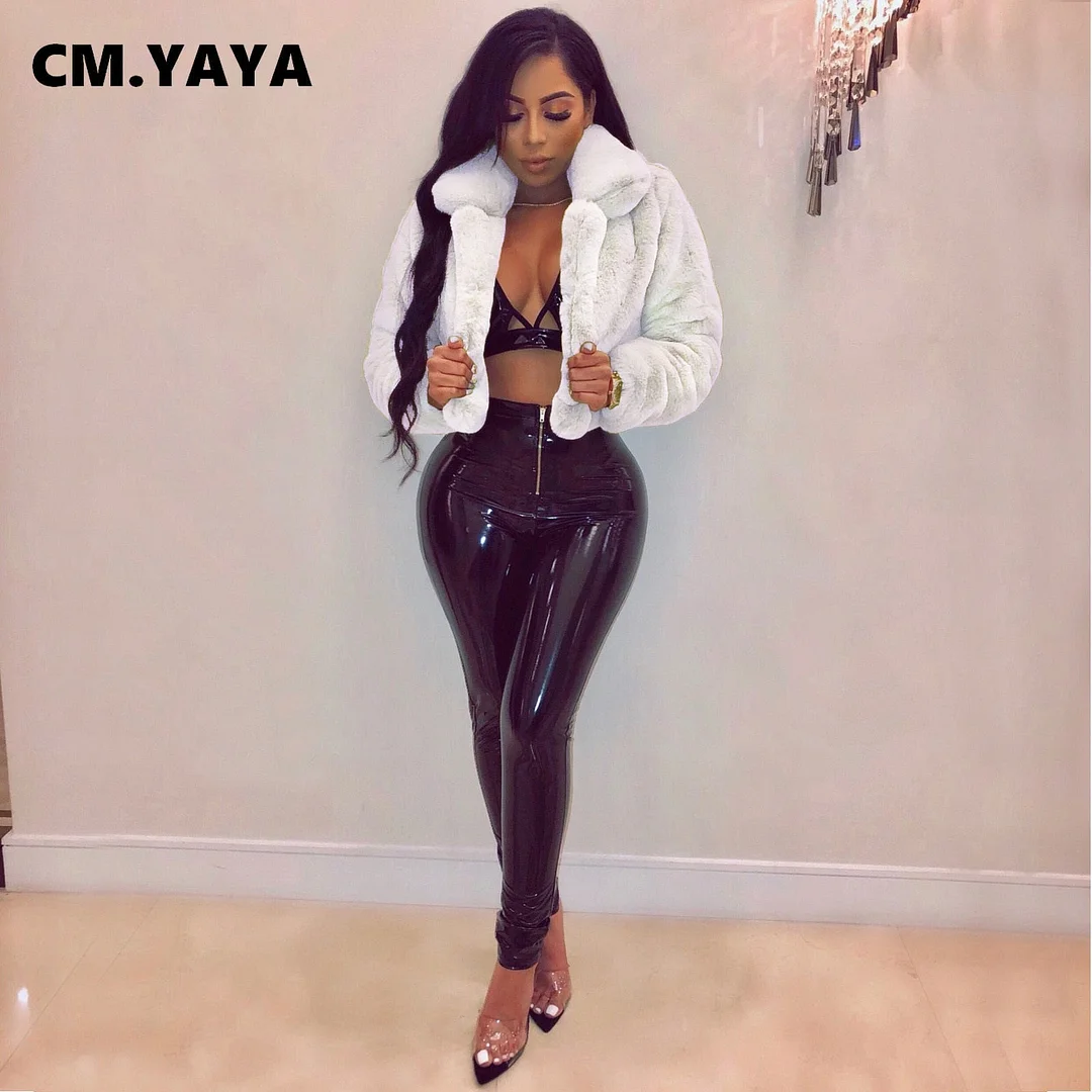 CM.YAYA Winter Women Faux Fur Solid Jackets Streetwear Fashion Long Sleeve Open Stitch Slim Coats