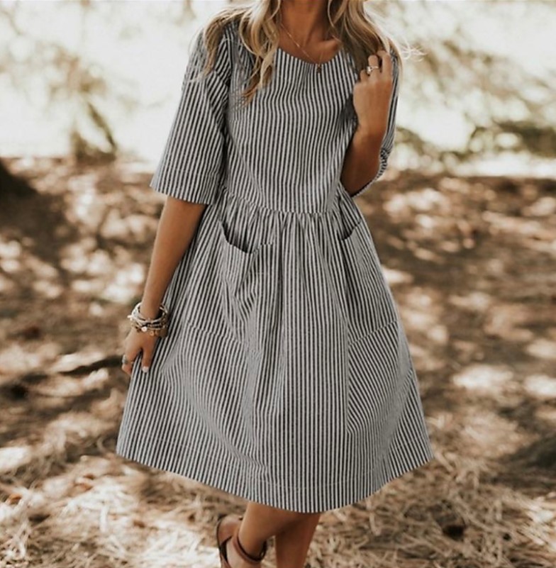 Mature Women Plus Size Round Neck Striped Pocket Loose Casual Summer Dress