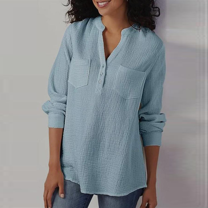 Women Fashion Solid Button Long-Sleeve Shirt