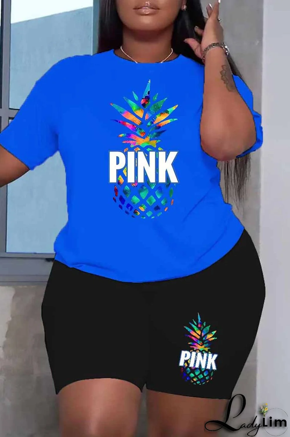 Blue Street Print Letter O Neck Plus Size Two Pieces