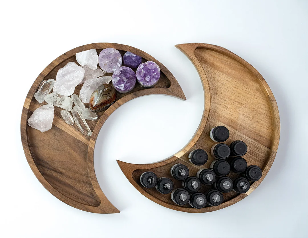 Moon Tray Crystal Holder and Display -Acacia Wood Tray for Stones, Healing Crystals and Gemstones Storage - Jewelry, Rings, Essential Oils