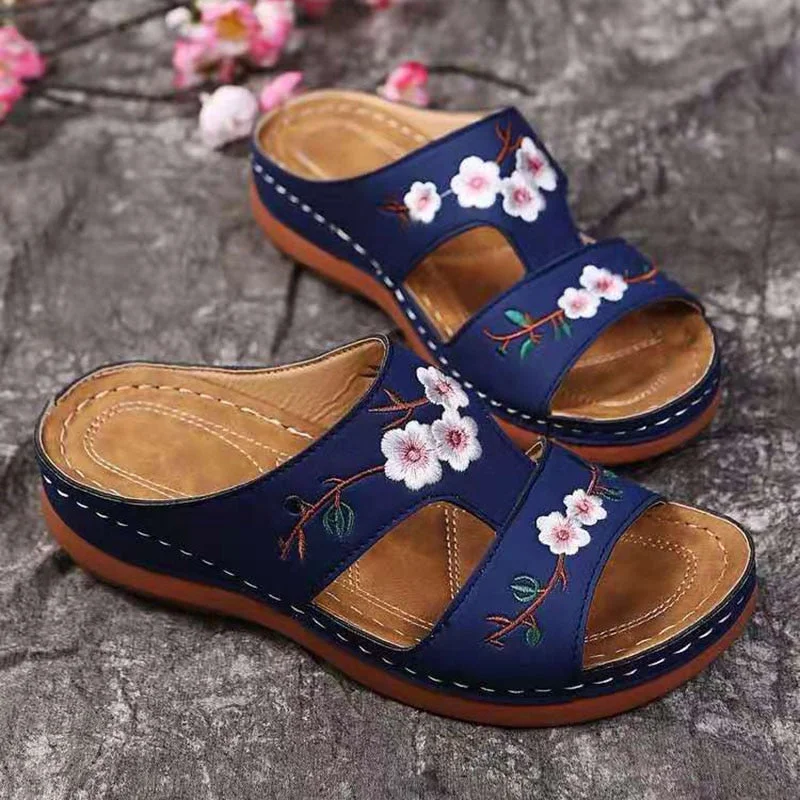 Rimocy Fashion Embroider Soft Slippers Women Summer Open Toe Flock Comfort Beach Shoes Mujer 2022 Outdoor Thick Bottom Slippers