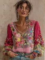 Women's Bohemian Floral Embroidery Patchwork Art V-neck Linen Blend T-shirt