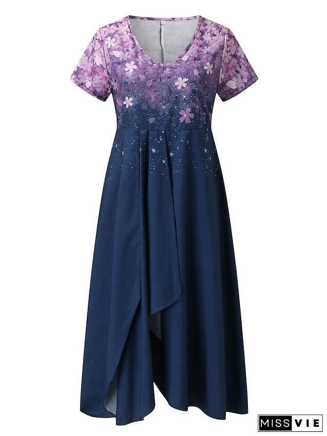 Women's Plus Size A Line Dress Floral V Neck Print Short Sleeve Spring Summer Elegant Midi Dress Daily Vacation Dress