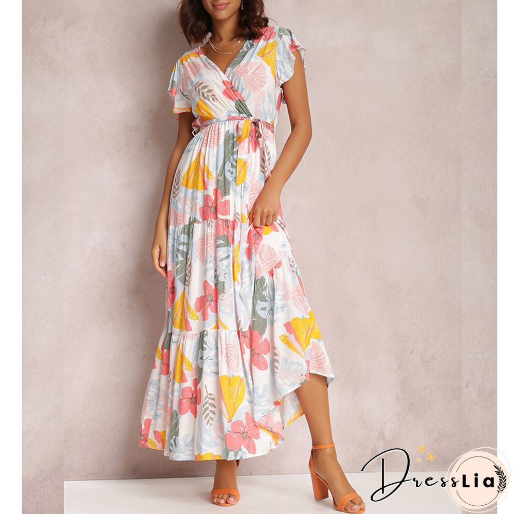 Elegant Floral Print Dress For Women Summer Dresses New Cotton V-Neck Lace-up Ruffle Short Flying Sleeve Maxi Dress
