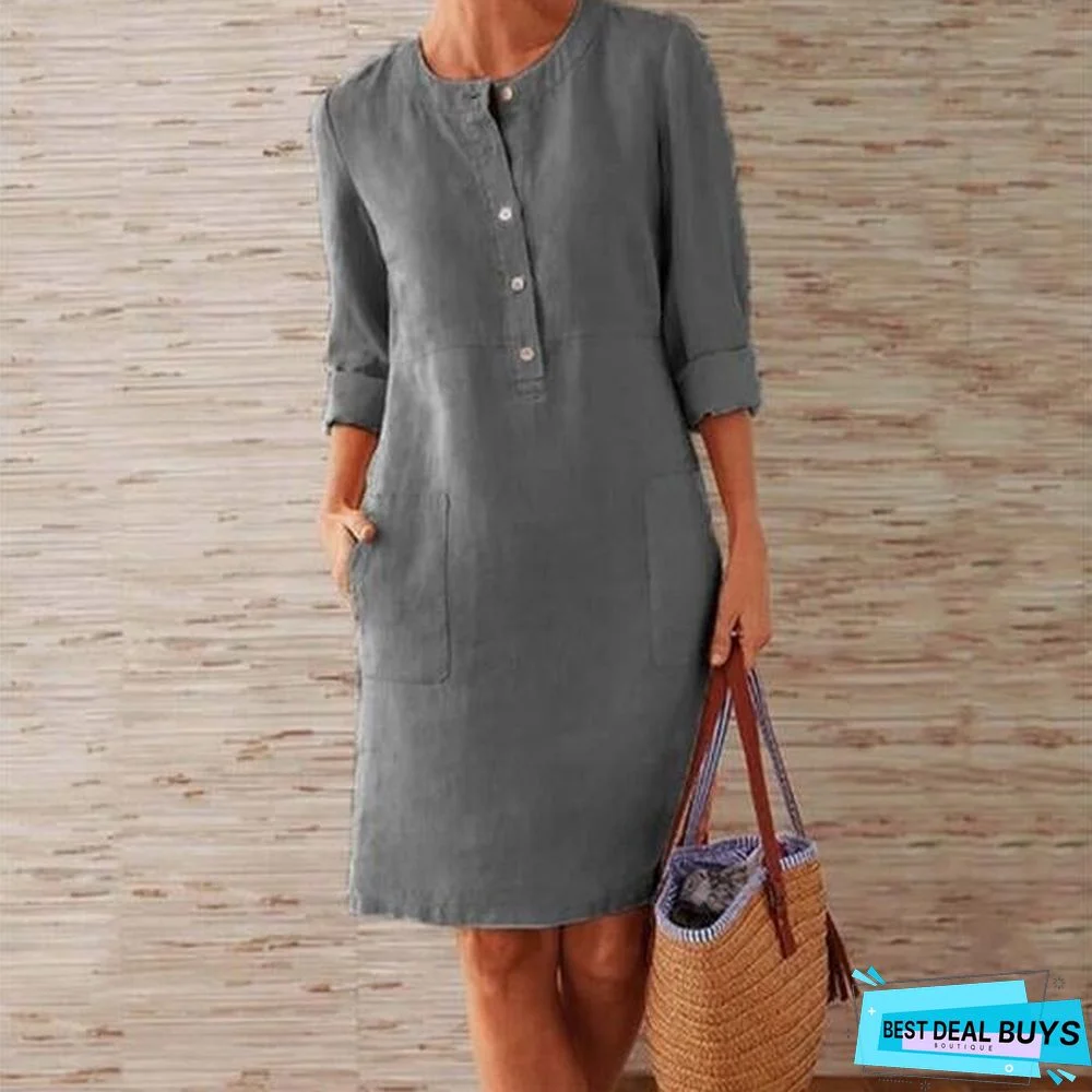 Solid Color Stand Collar Long Sleeve Buttoned Dress Linen