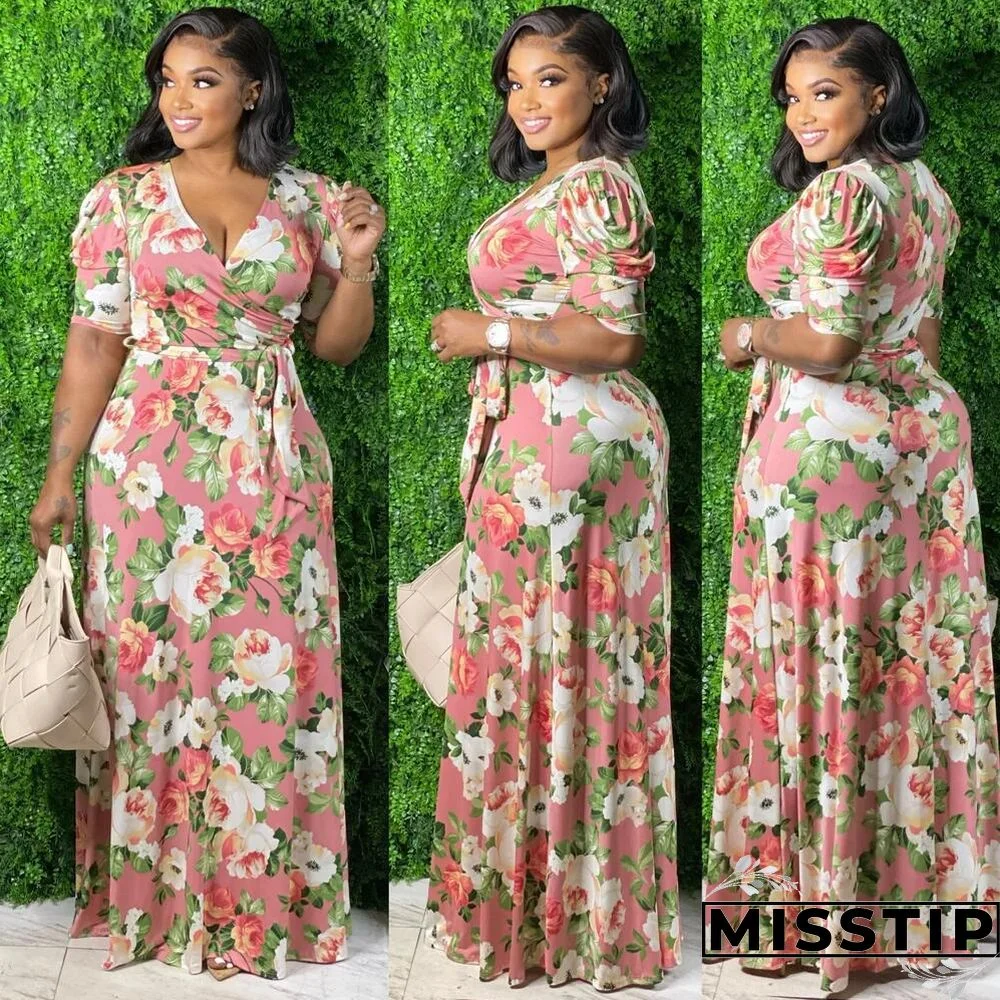 Floral Print Short Sleeve Lace Up Maxi Dresses