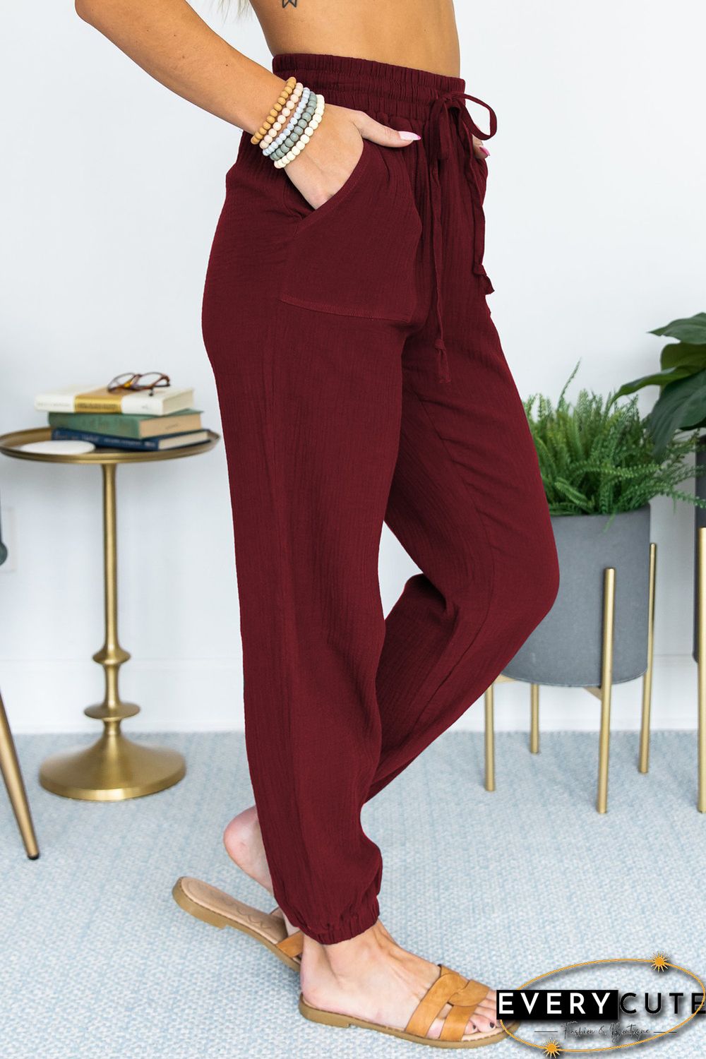 Wine Red Drawstring Elastic Waist Joggers with Pockets