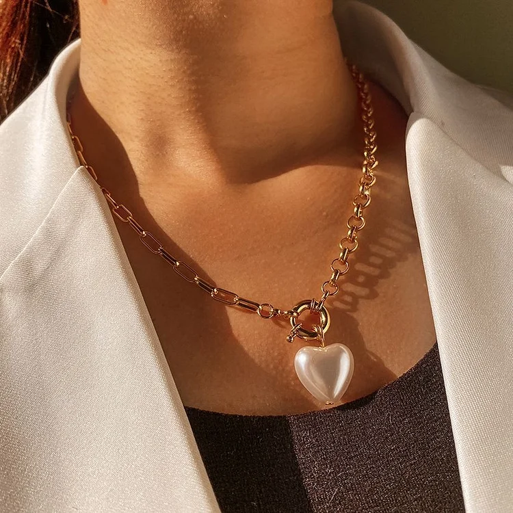 Heart Faux Pearl Pendant Alloy Necklace YP2218