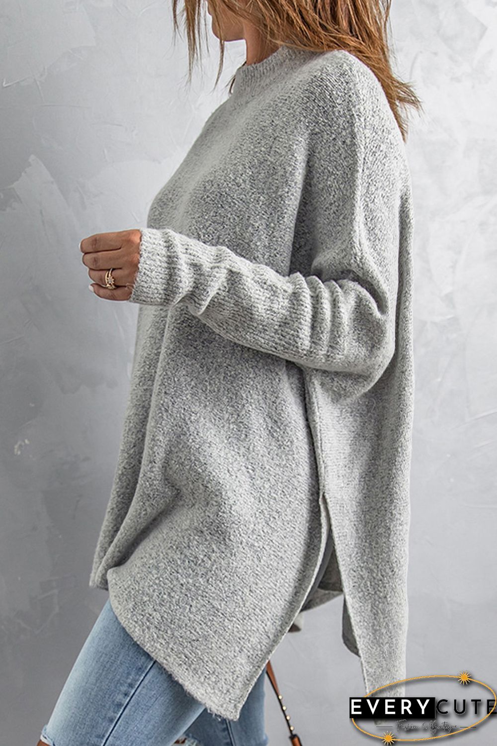 Grey High Neck Oversized Sweater with Slits