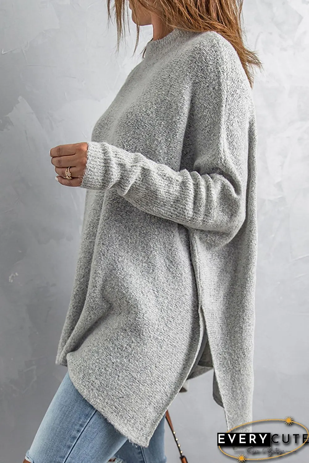 Grey High Neck Oversized Sweater with Slits