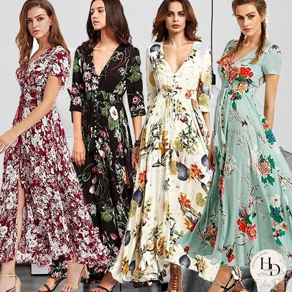 Womens Fashion Bohemian V Neck Print Big Swing Long Dress Plus Size