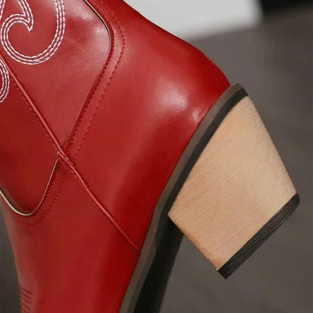 Red Faux Leather Embroidered Western Boots for Women with Heart Inlay