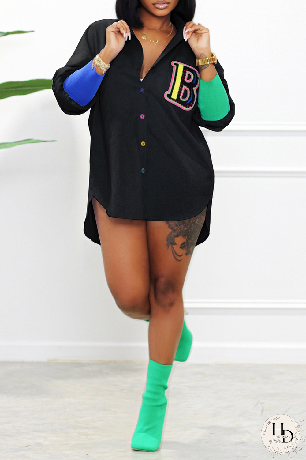 Yellow Casual Print Patchwork Turndown Collar Shirt Dress Dresses