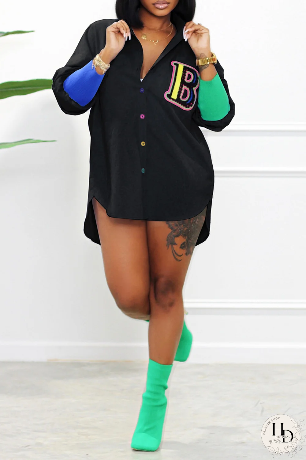 Yellow Casual Print Patchwork Turndown Collar Shirt Dress Dresses