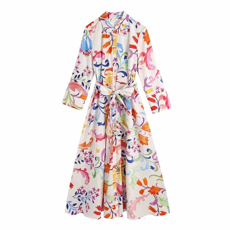 PUWD Sweet Women Turn-down Collar Bow Lace Dress 2021 Spring-autumn Fashion Ladies Chinese Style Dress Female Printed Dress