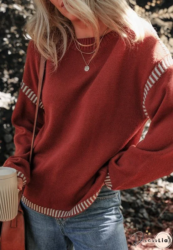Striped Detail Round Neck Dropped Shoulder Sweater
