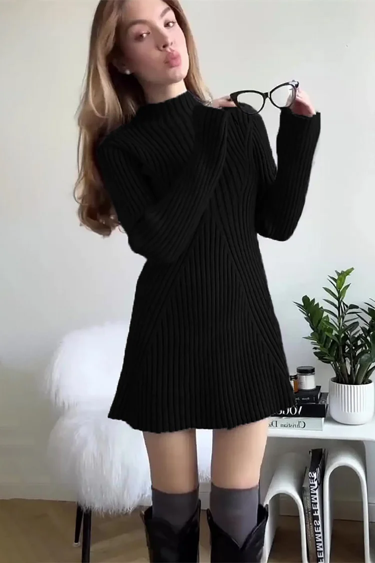 Pleated Knit Mock Neck Long Sleeve A-Line Slim Fit Sweater Mini Dresses-White