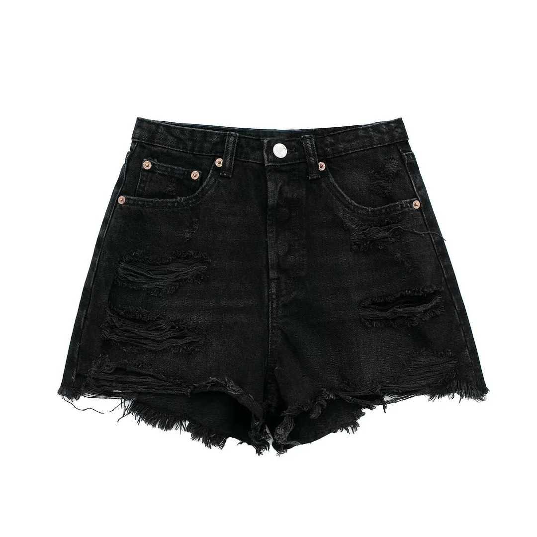 Women's High Waist Denim Shorts Black Distressed Denim Shorts