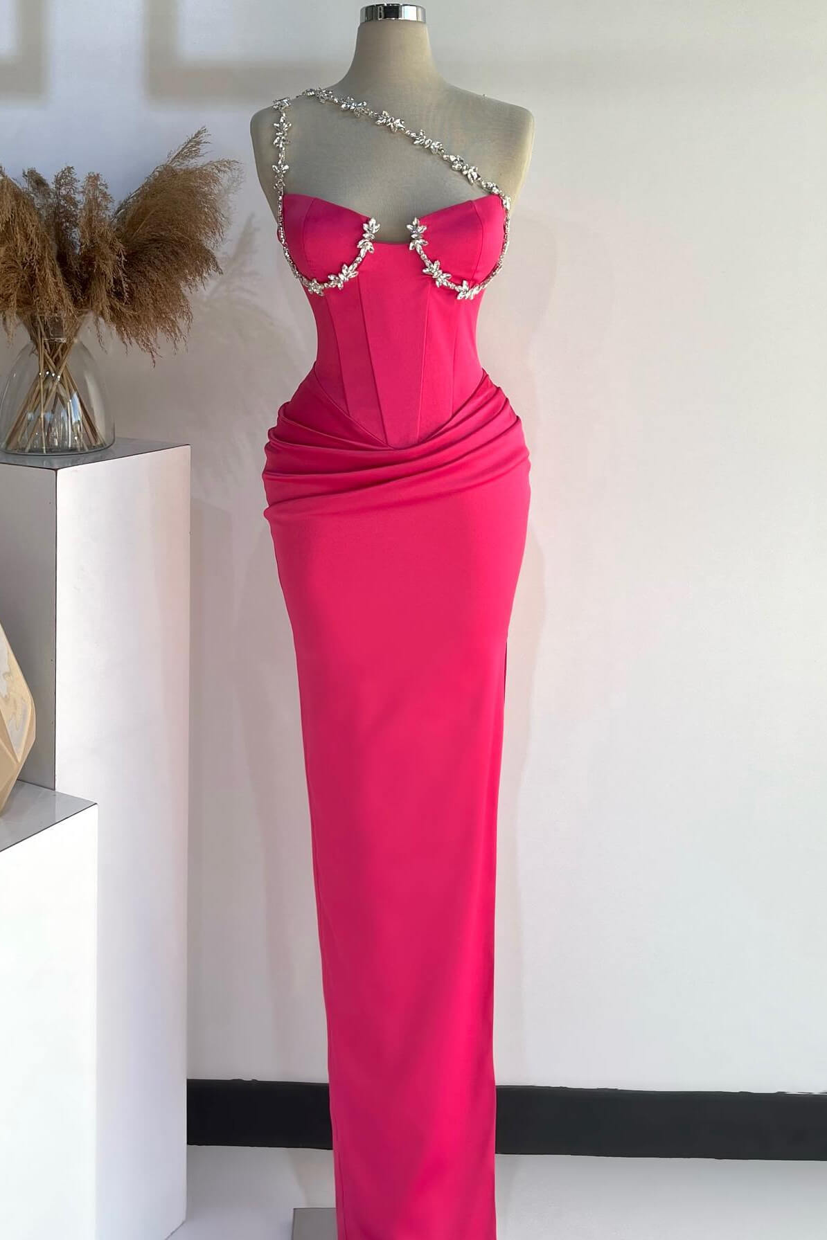 Chic Fuchsia One Shoulder Sleeveless Mermaid Evening Gown With Crystals Long - lulusllly