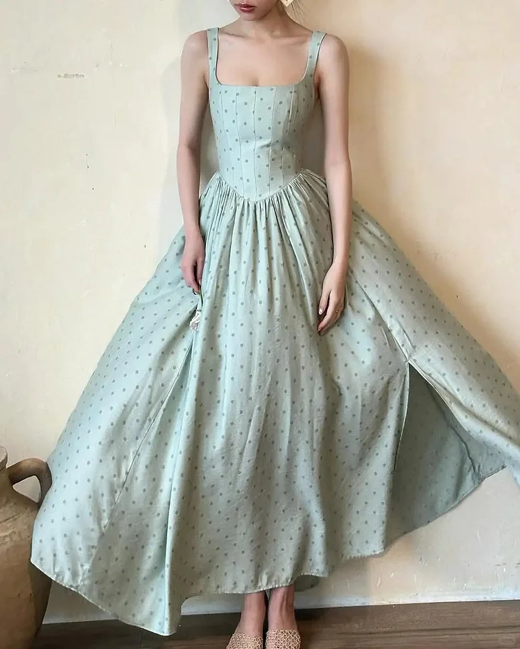 Green Simple And Elegant Polka Dot Long Formal Prom Dress