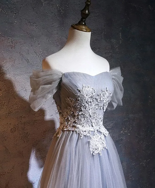 Gray A-Line Tulle Lace Applique Long Prom Dress, Gray Bridesmaid Dress