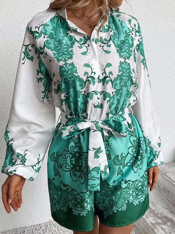 Vacation Puff Sleeves Loose Printed V-Neck Jumpsuit