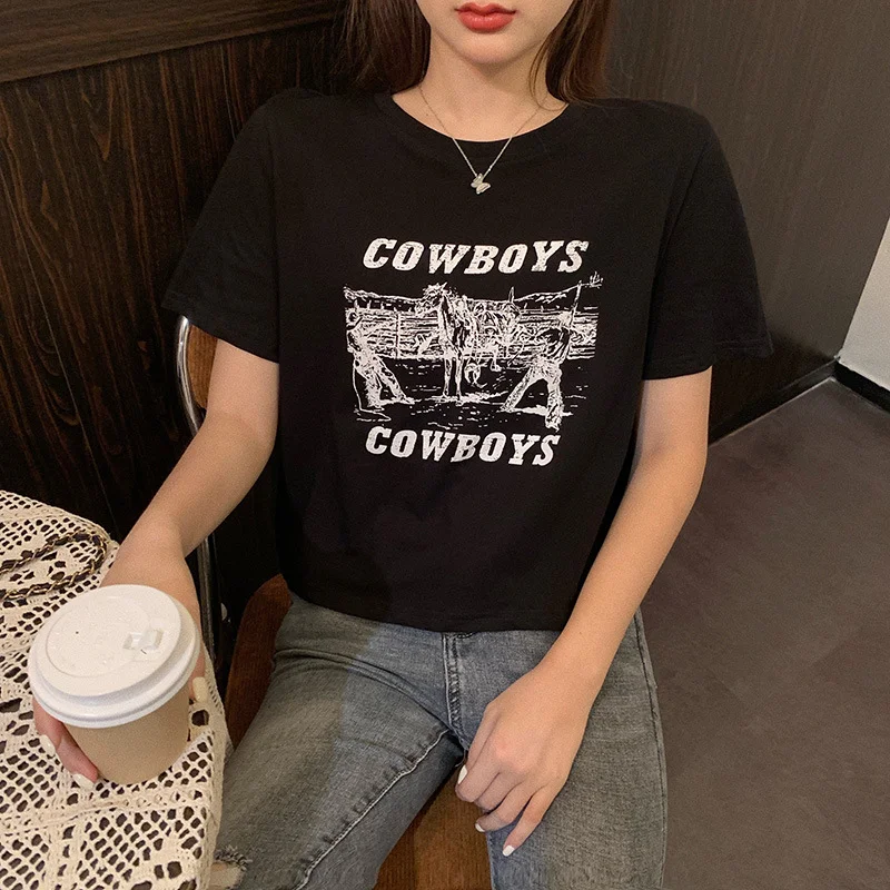 Brownm Brownm Print Short Short-Sleeved T-Shirt Female 2024 Summer Dress New Korean Version Design Sense Girl Slim Student Jacket