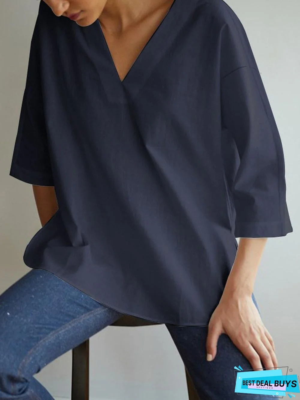 Cotton Linen V-Neck Solid Color Three-quarter Sleeve Shirt