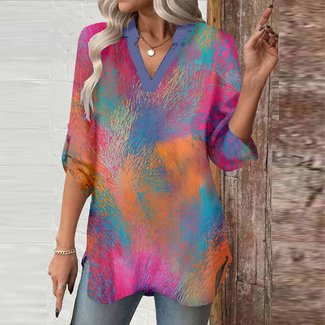 Women Pink,  Tie-dyed DZGA0044 3/4 Sleeve V-neck Printed Graphic Button Tops