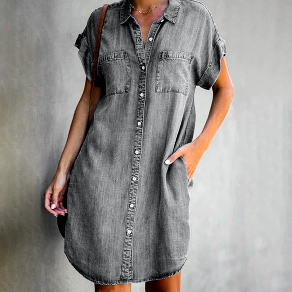 2021 Summer Dress Women Short Sleeve Pockets Single-breasted Irregular Hem Knee-length Denim Dress Loose Style vestidos Lanfubeisi