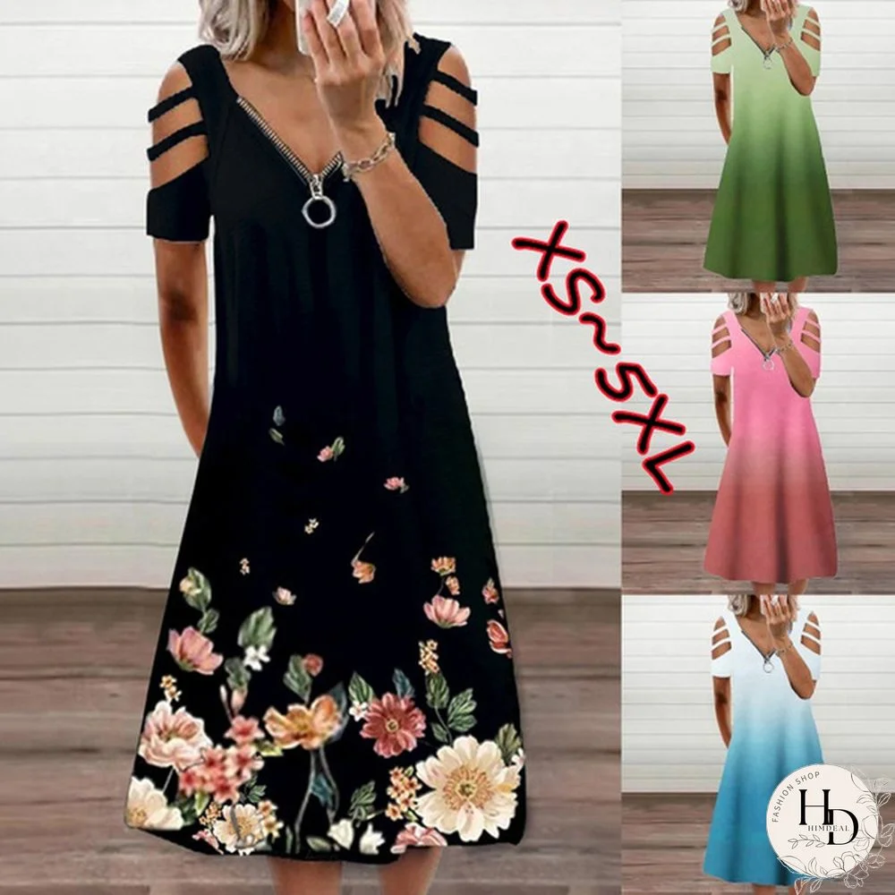 Xs-5Xl Summer New Casual Short-Sleeved Zipper V-Neck Dress Women's Loose Plus Size Dress Fashion Long Skirt