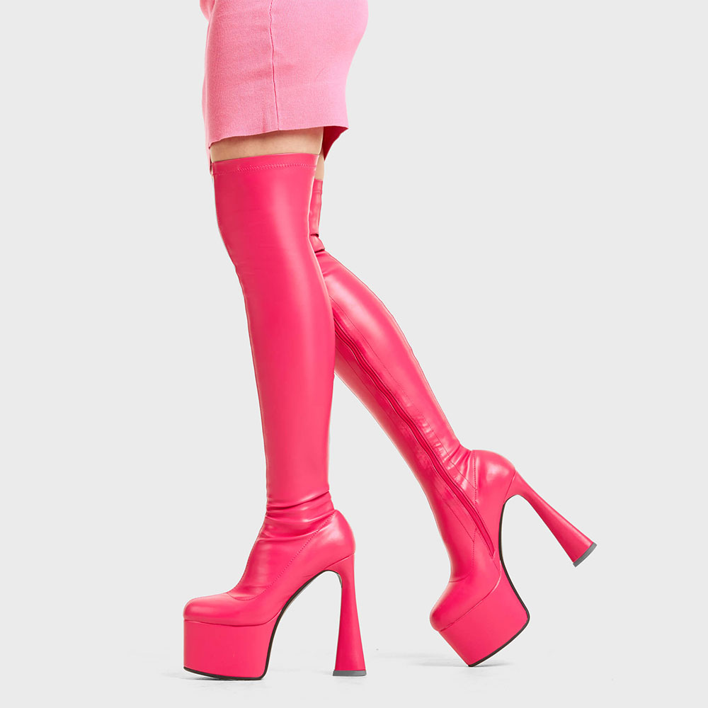 Pink Heart-Shaped Heel Thigh High Platform Boots with Zipper Nicepairs
