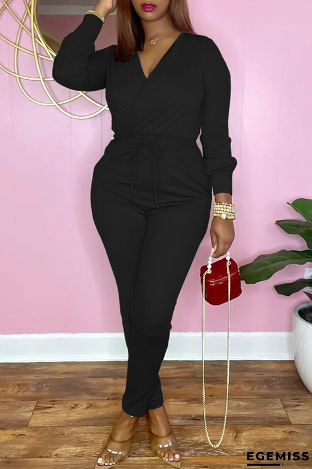 Black Fashion Casual Solid Patchwork V Neck Regular Jumpsuits | EGEMISS