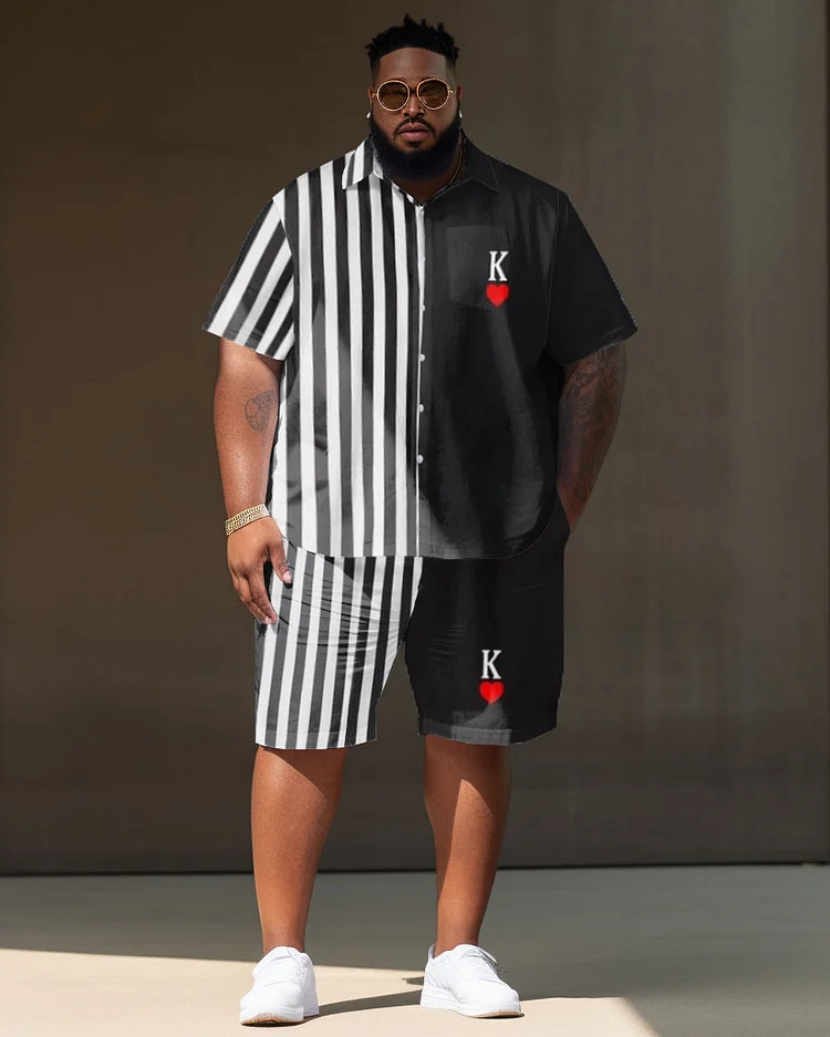 Men's Large Size Casual Striped Color Block Retro Elegant Street Short Shirt Shorts Suit