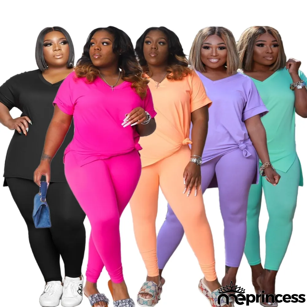 Women Summer Orange Casual O-Neck Short Sleeves High Waist Solid Ripped Regular Plus Size Two Piece Pants Set