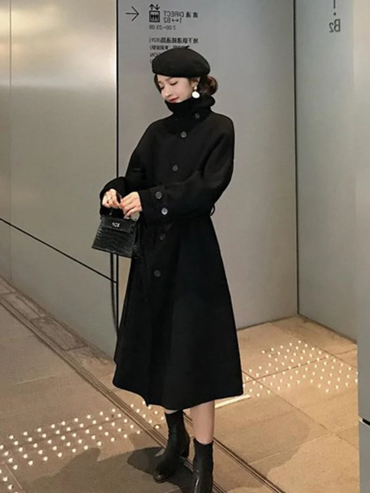 Office Lady Woolen Coat Women's Long 2021 Fashion Popular Autumn And Winter New Hepburn Style Stand Collar Korean Woolen Coat