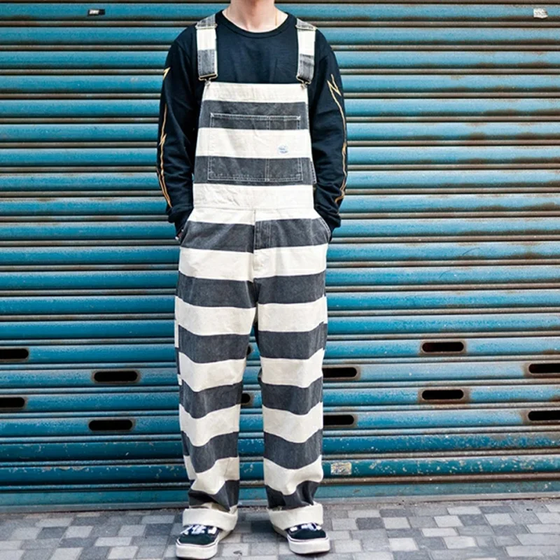Vintage Wide Stripe Cotton Adjustable Suspenders Overalls