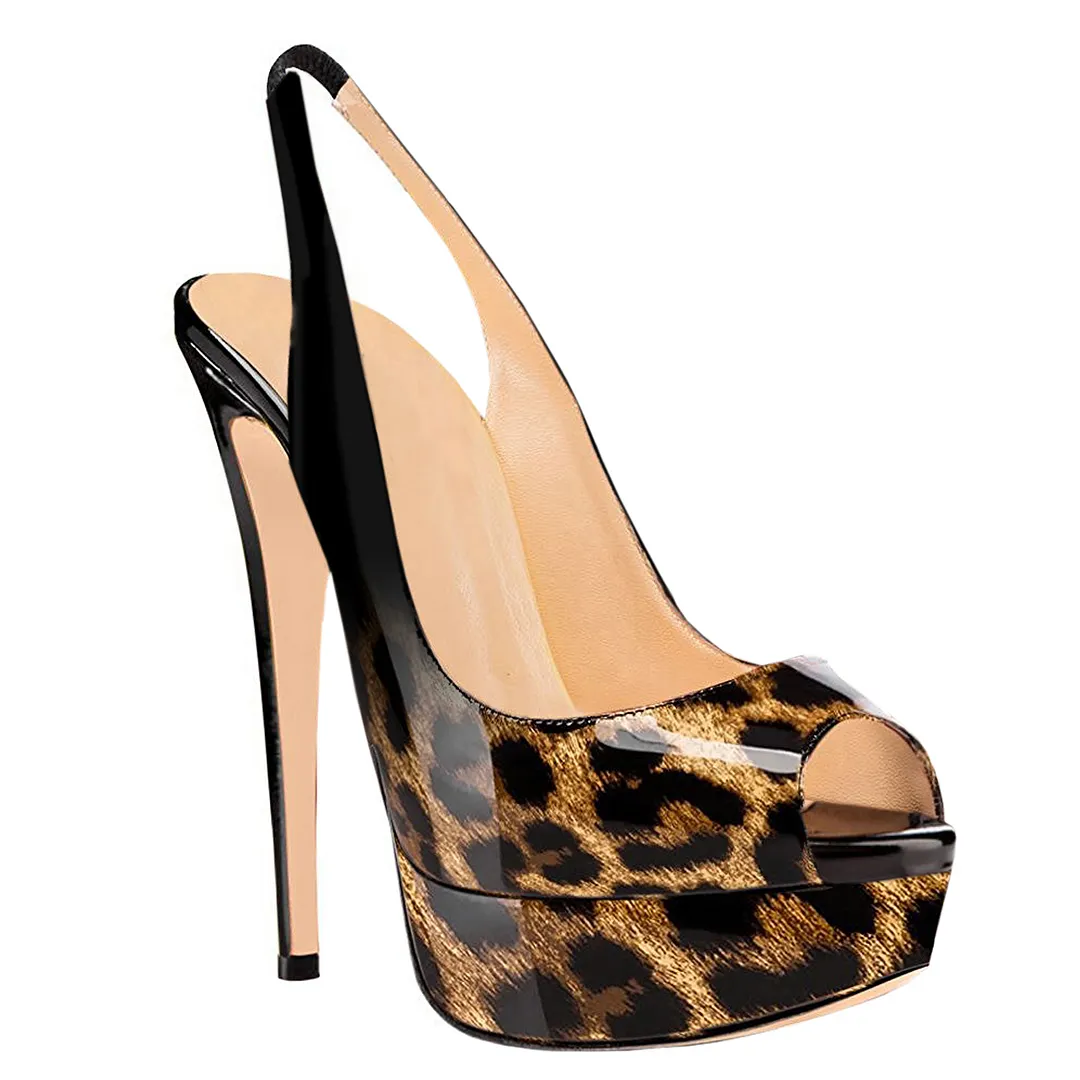 150mm Slingback Sandals Platforms Sky High Party Gradient Color Black Leopard Pumps-vocosishoes