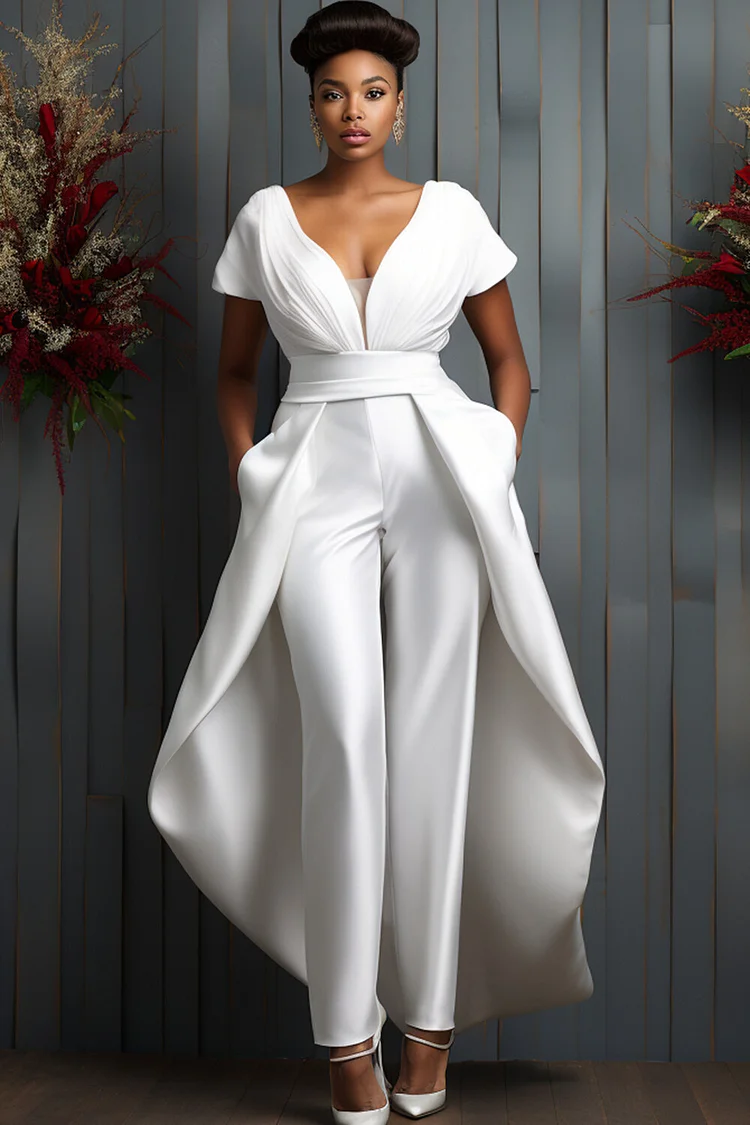 Xpluswear Design Plus Size Wedding White Elegant V Neck With Skirt Overlay Pocket Satin Jumpsuits [Pre-Order] 2024 - Xpluswear