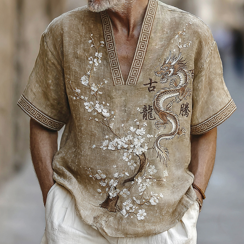 Japanese Dragon And Almond Blossom Art Linen V-neck T-shirt elevenforest