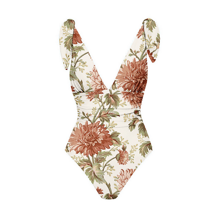 Flaxmaker Bowknot Tie-shoulder Floral Print One Piece Swimsuit