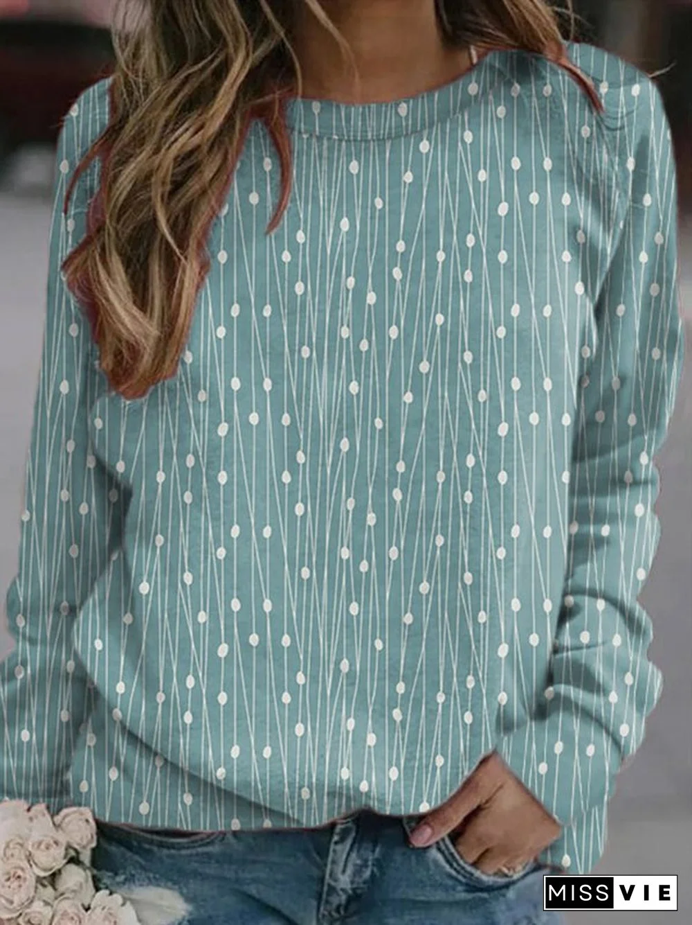 Women Polka Dots Casual Autumn Lightweight Micro-Elasticity Jersey Best Sell Crew Neck Regular Sweatshirts