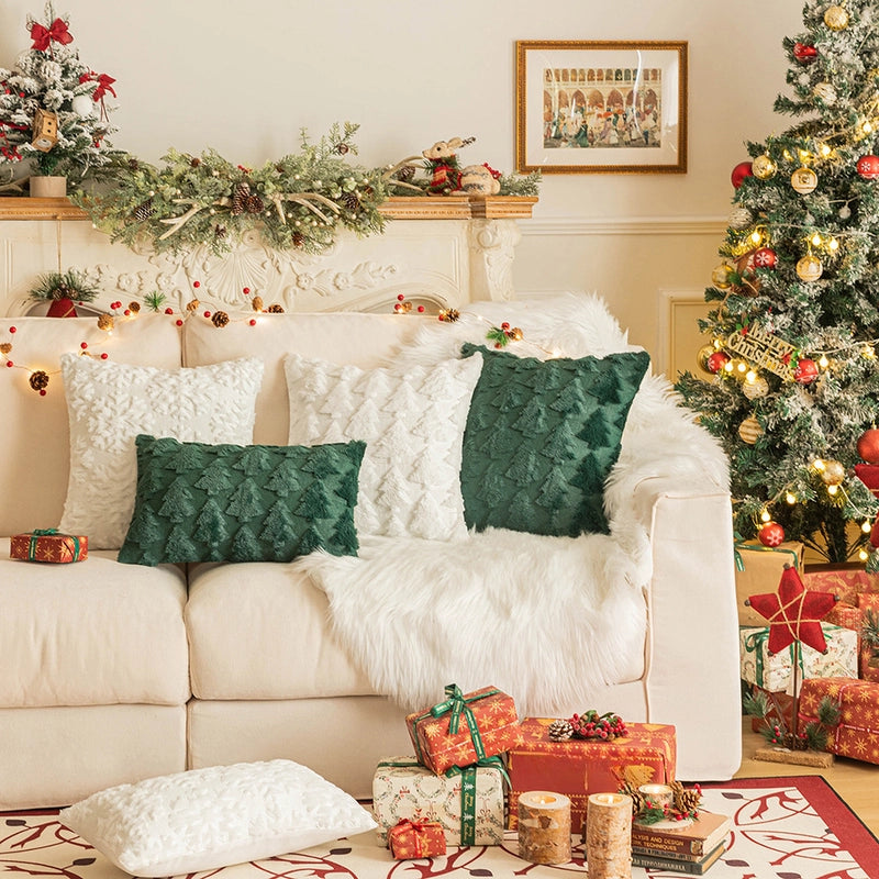 Christmas Pillow Case Plush Snowflake Christmas Tree Embroidered Hair Living Room Sofa Cushion Holiday Party Decorative Pillow Case