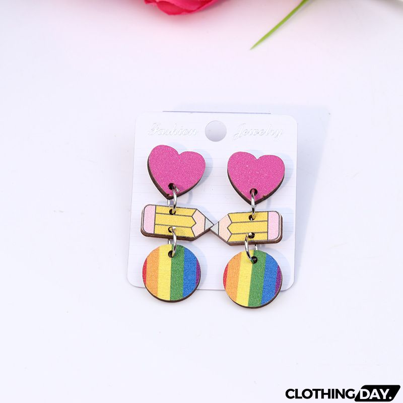 Women's Creative Fashion Wood Printing Pencil Stripe Heart Earrings